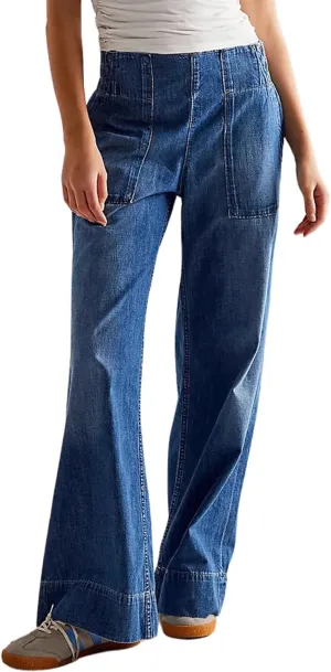 yoeasy Womens Mid Rise Wide Leg Jeans Elastic Back Smocked Jeans Casual Trendy Baggy Pull On Denim Pants