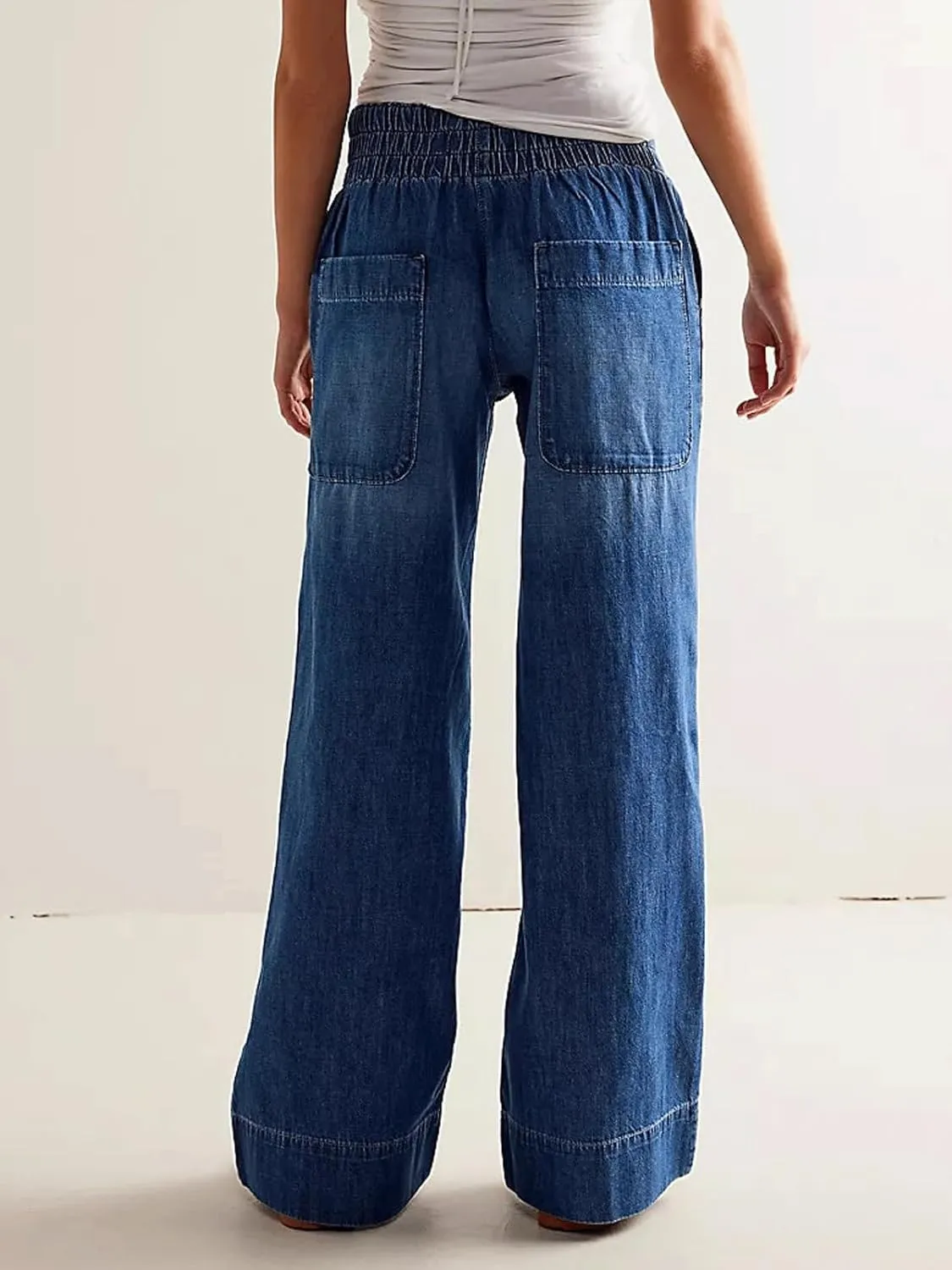 yoeasy Womens Mid Rise Wide Leg Jeans Elastic Back Smocked Jeans Casual Trendy Baggy Pull On Denim Pants