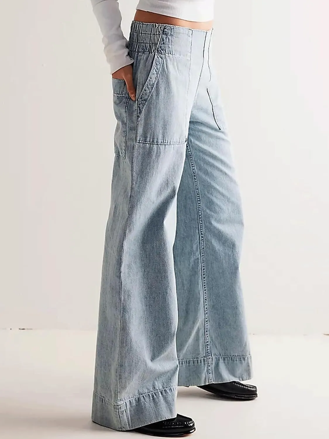 yoeasy Womens Mid Rise Wide Leg Jeans Elastic Back Smocked Jeans Casual Trendy Baggy Pull On Denim Pants