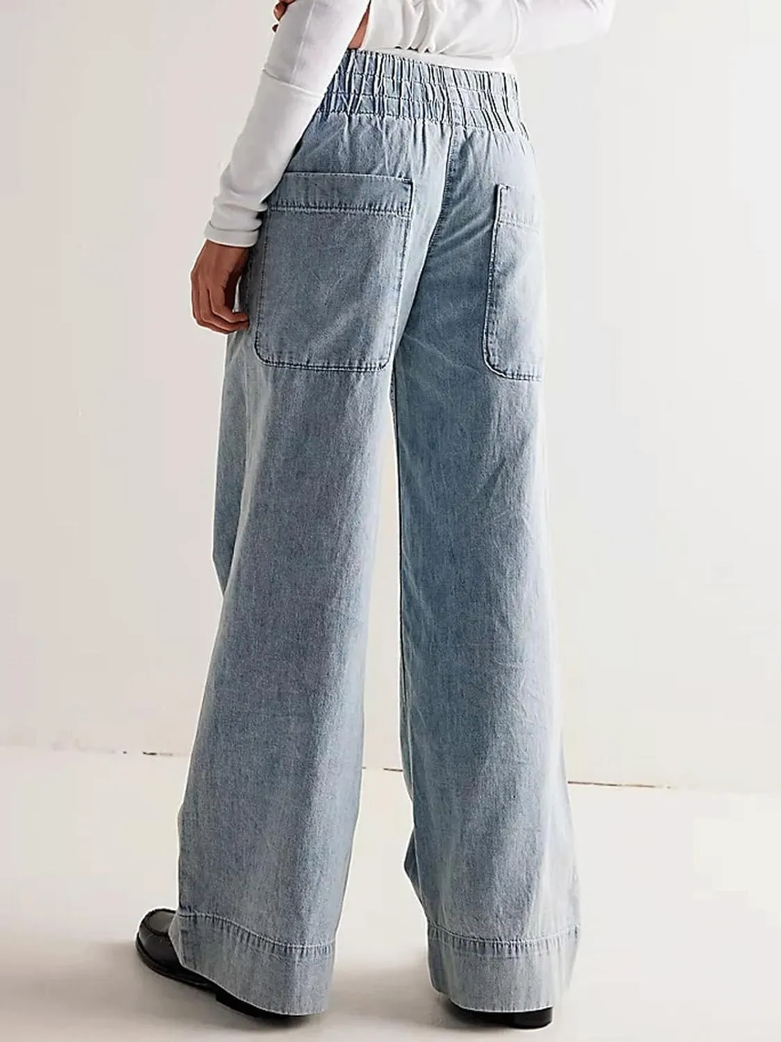 yoeasy Womens Mid Rise Wide Leg Jeans Elastic Back Smocked Jeans Casual Trendy Baggy Pull On Denim Pants