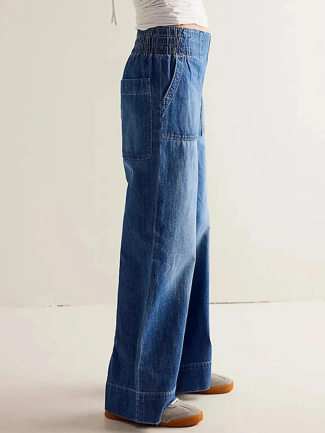 yoeasy Womens Mid Rise Wide Leg Jeans Elastic Back Smocked Jeans Casual Trendy Baggy Pull On Denim Pants