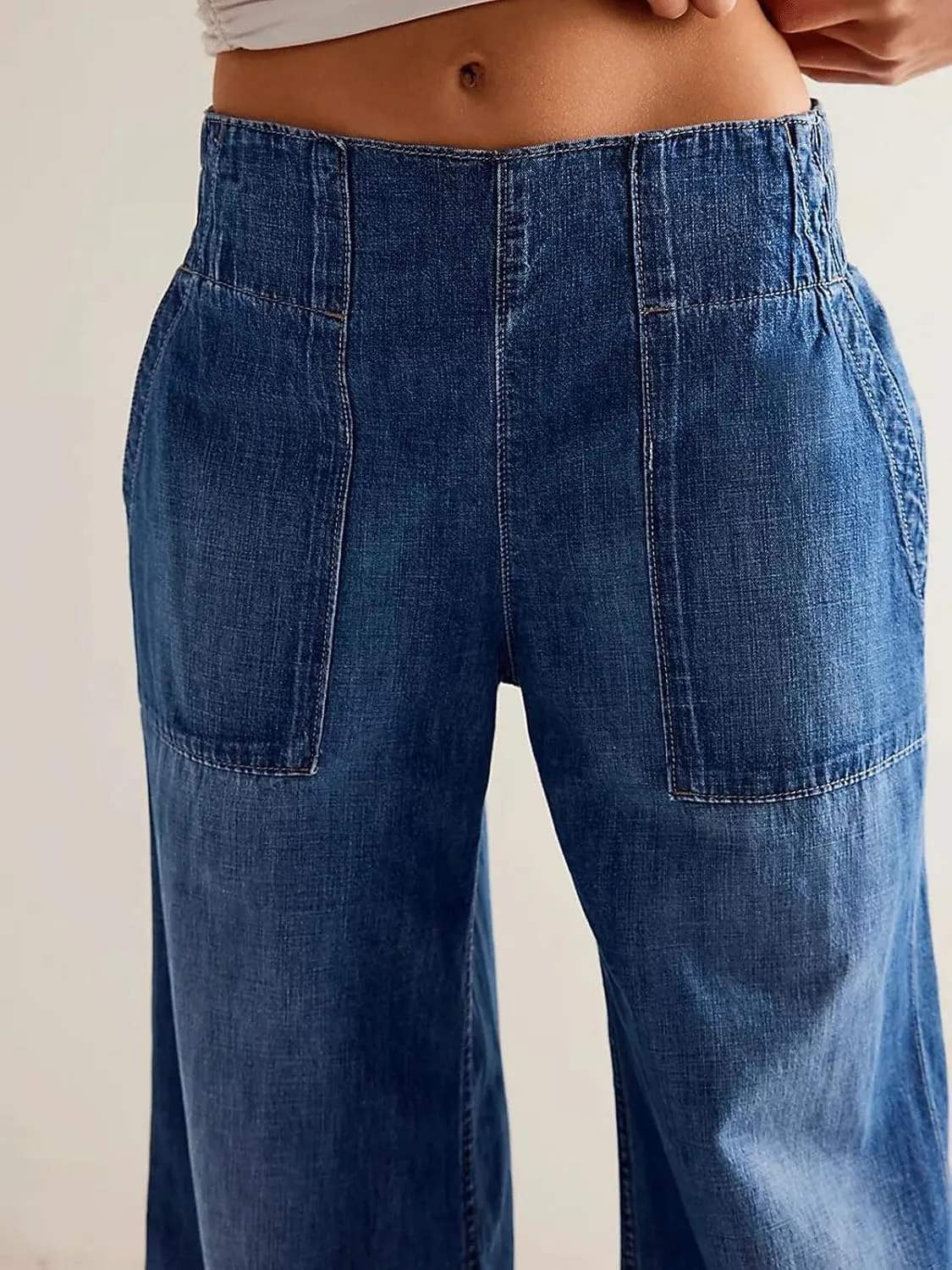 yoeasy Womens Mid Rise Wide Leg Jeans Elastic Back Smocked Jeans Casual Trendy Baggy Pull On Denim Pants