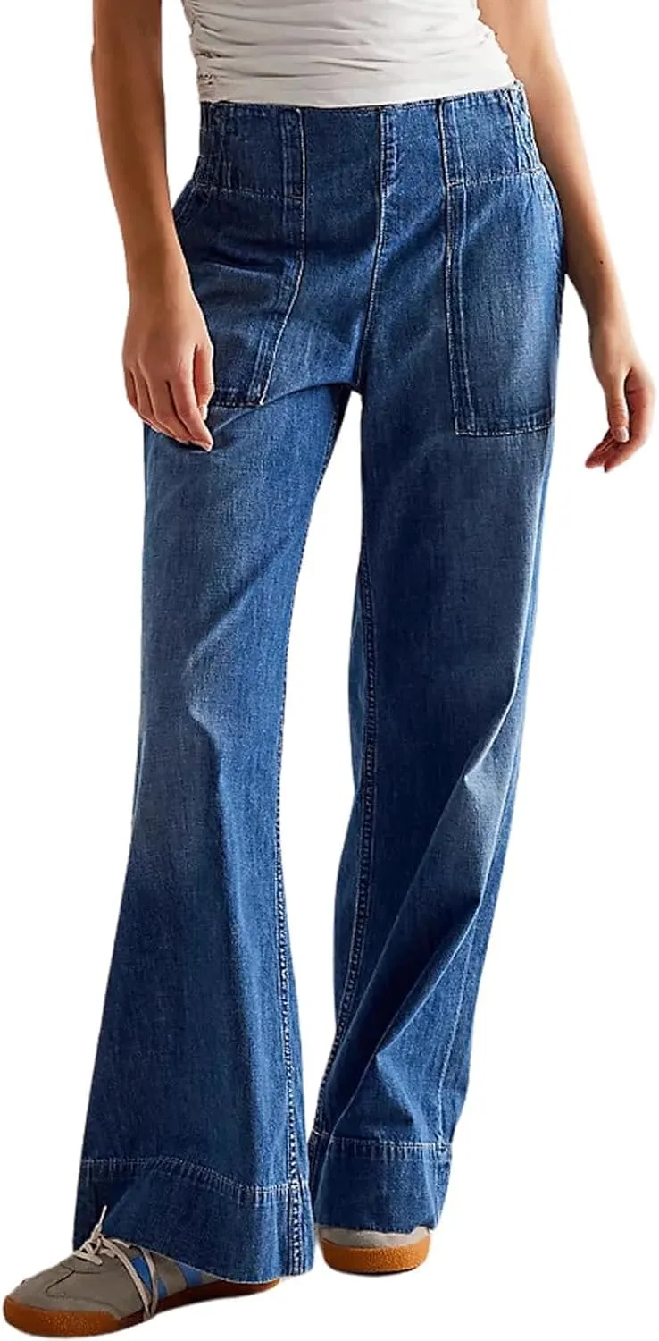 yoeasy Womens Mid Rise Wide Leg Jeans Elastic Back Smocked Jeans Casual Trendy Baggy Pull On Denim Pants
