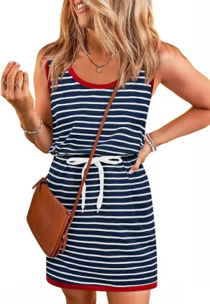 Yousify Cotton Summer Dresses for Women Striped Dress Drawstring Waist Casual Tank Mini Dresses with Pockets