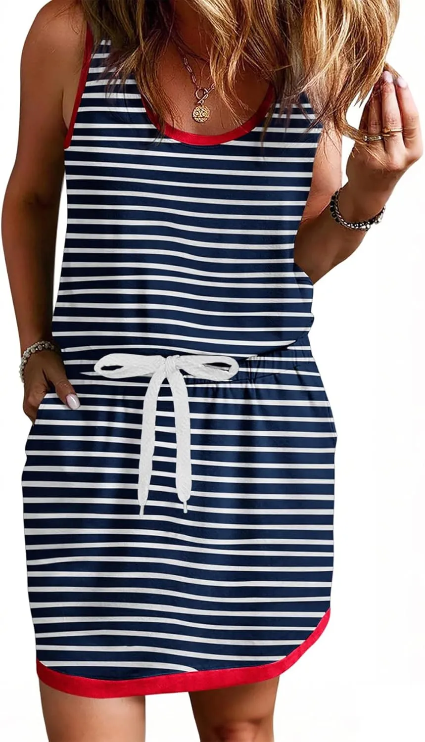 Yousify Cotton Summer Dresses for Women Striped Dress Drawstring Waist Casual Tank Mini Dresses with Pockets