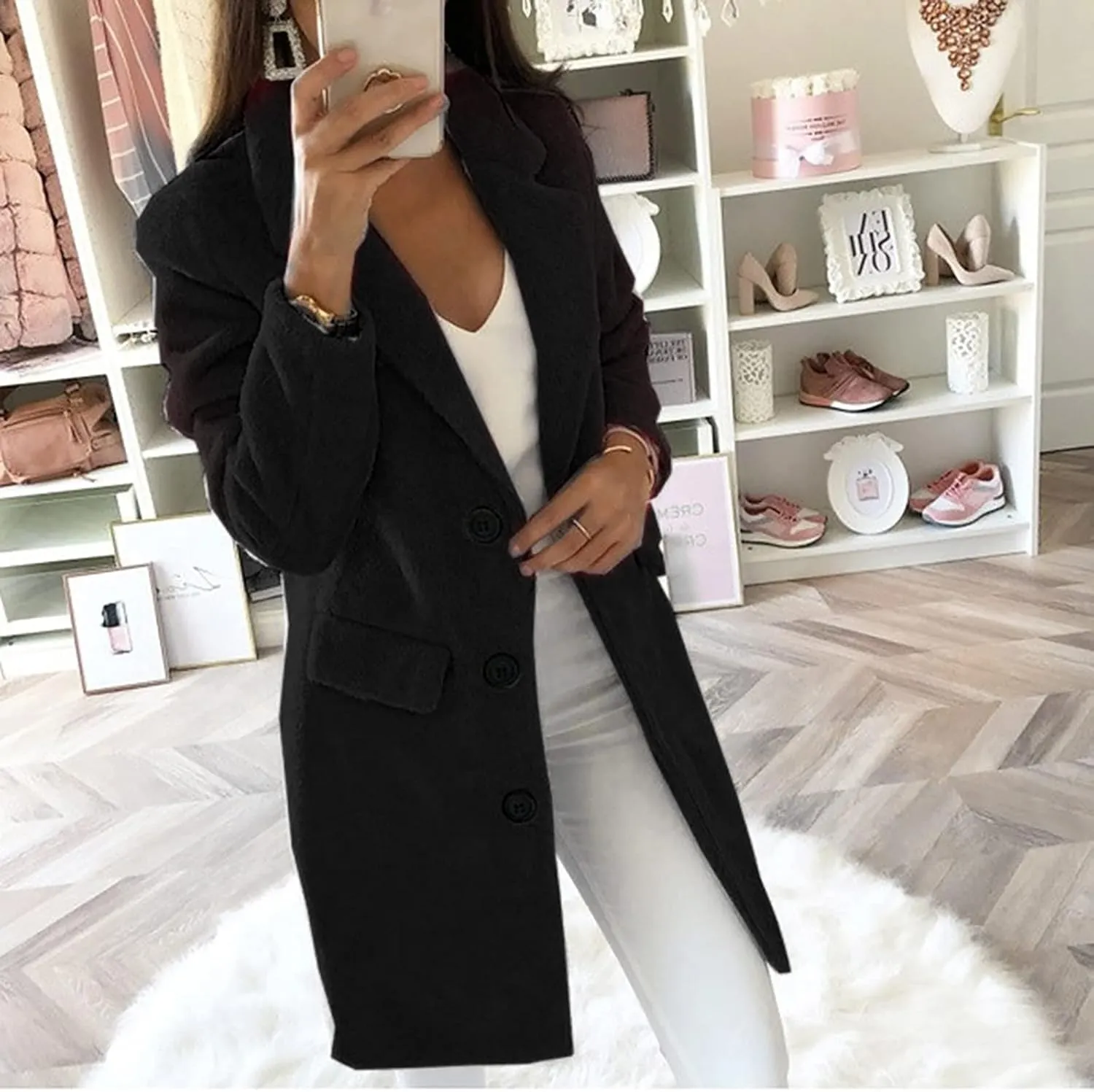 YRAETENM Long Wool Coat Women Elegant Single Breasted Notch Lapel Overcoat Fall Winter Slim Fit Trench Coats with Pockets