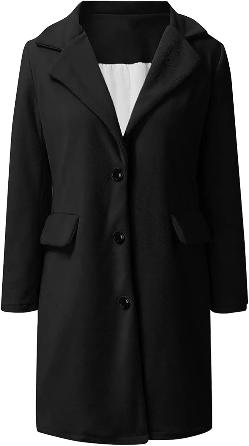 YRAETENM Long Wool Coat Women Elegant Single Breasted Notch Lapel Overcoat Fall Winter Slim Fit Trench Coats with Pockets