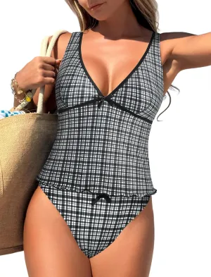 ZAFUL Women's Tankini Swimsuits V Neck Tummy Control Bow Color Block Two Piece Swimsuit Bathing Suit