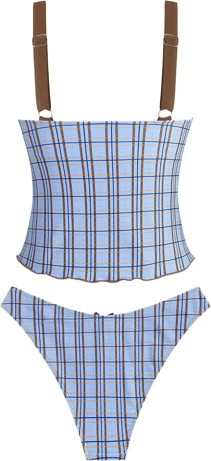 ZAFUL Women's Tankini Swimsuits V Neck Tummy Control Bow Color Block Two Piece Swimsuit Bathing Suit