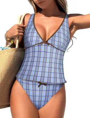 ZAFUL Women's Tankini Swimsuits V Neck Tummy Control Bow Color Block Two Piece Swimsuit Bathing Suit