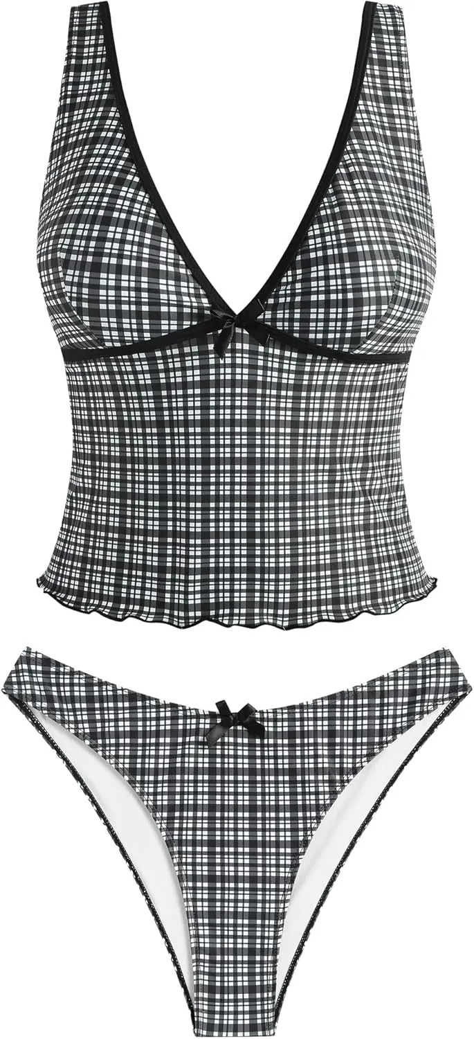 ZAFUL Women's Tankini Swimsuits V Neck Tummy Control Bow Color Block Two Piece Swimsuit Bathing Suit