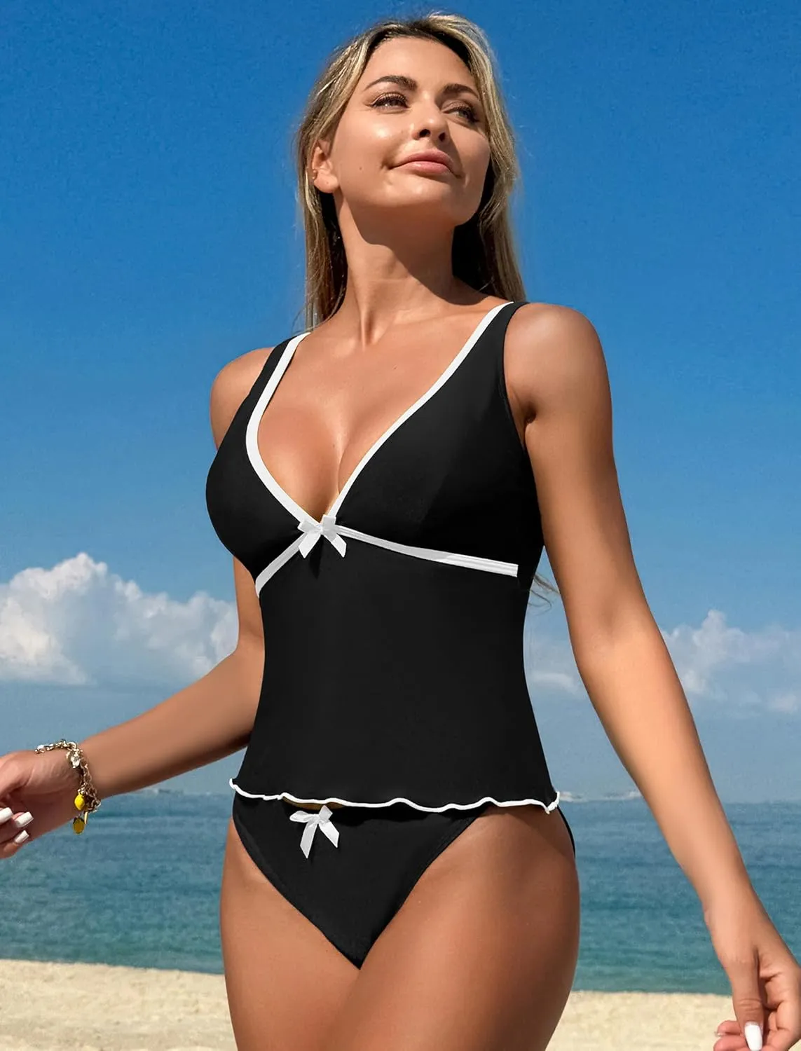 ZAFUL Women's Tankini Swimsuits V Neck Tummy Control Bow Color Block Two Piece Swimsuit Bathing Suit