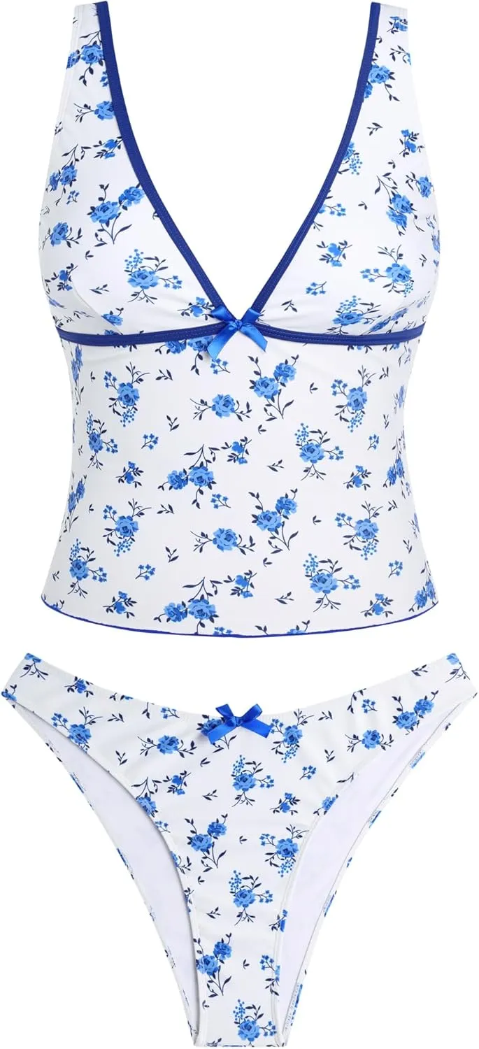 ZAFUL Women's Tankini Swimsuits V Neck Tummy Control Bow Color Block Two Piece Swimsuit Bathing Suit