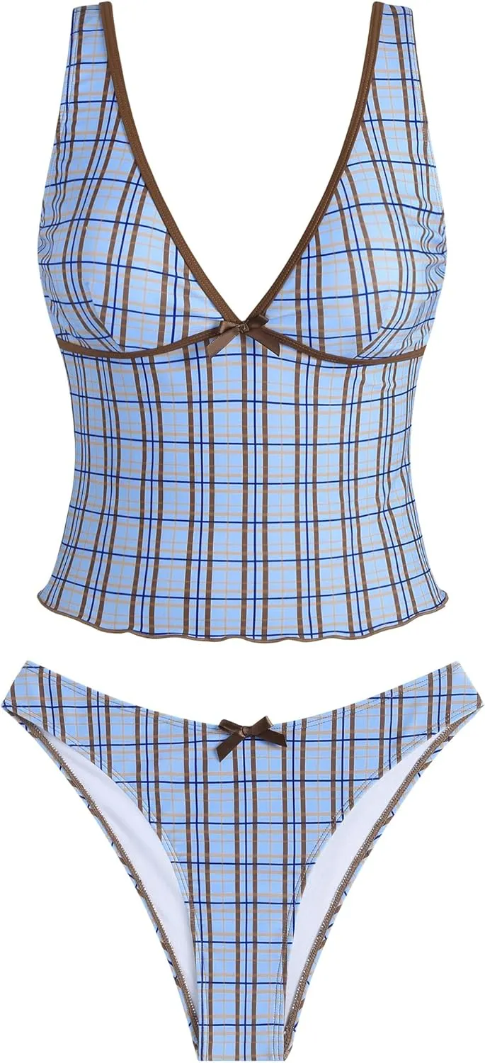 ZAFUL Women's Tankini Swimsuits V Neck Tummy Control Bow Color Block Two Piece Swimsuit Bathing Suit