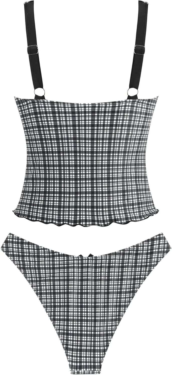 ZAFUL Women's Tankini Swimsuits V Neck Tummy Control Bow Color Block Two Piece Swimsuit Bathing Suit
