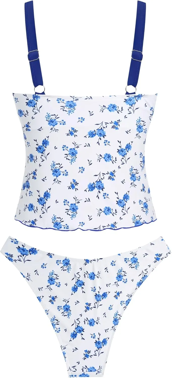 ZAFUL Women's Tankini Swimsuits V Neck Tummy Control Bow Color Block Two Piece Swimsuit Bathing Suit
