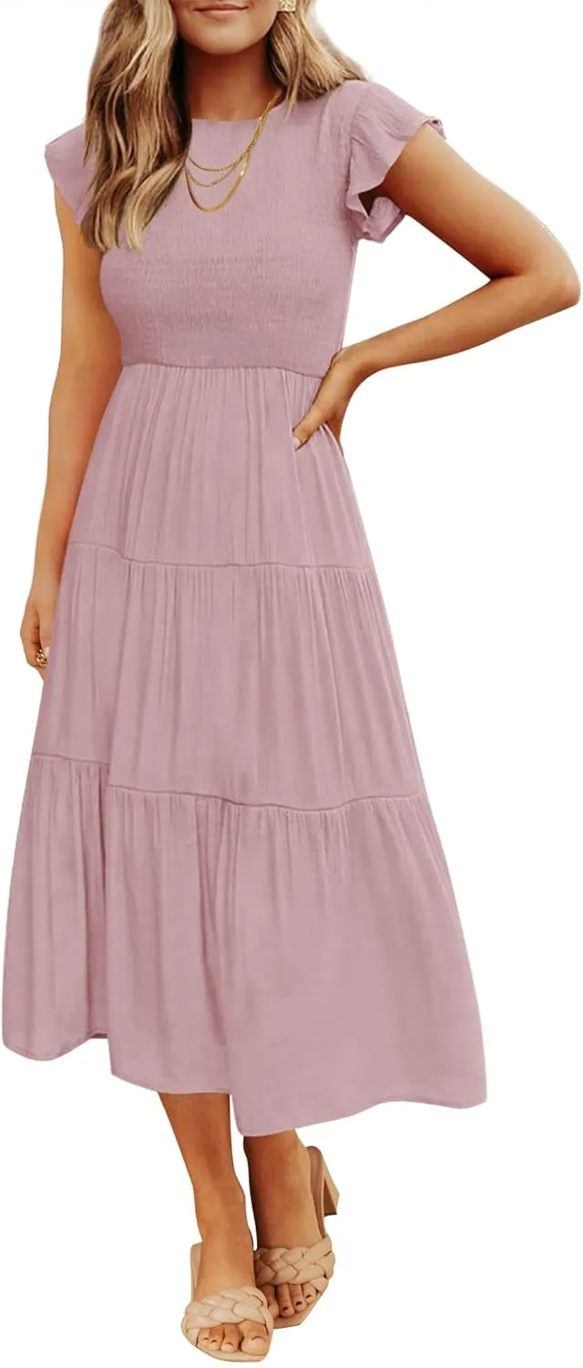 ZESICA Women's 2025 Summer Casual Flutter Short Sleeve Crew Neck Smocked Elastic Waist Tiered Midi Dress