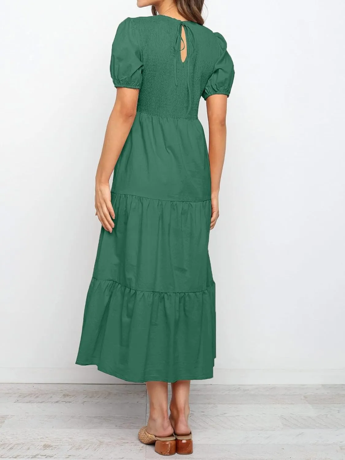 ZESICA Women's Casual Summer Crew Neck Short Puff Sleeve Smocked High Waist Ruffle Tiered A Line Midi Dress