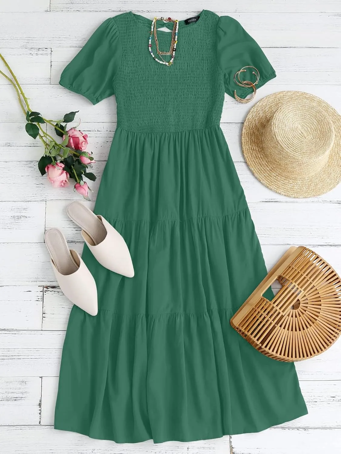 ZESICA Women's Casual Summer Crew Neck Short Puff Sleeve Smocked High Waist Ruffle Tiered A Line Midi Dress