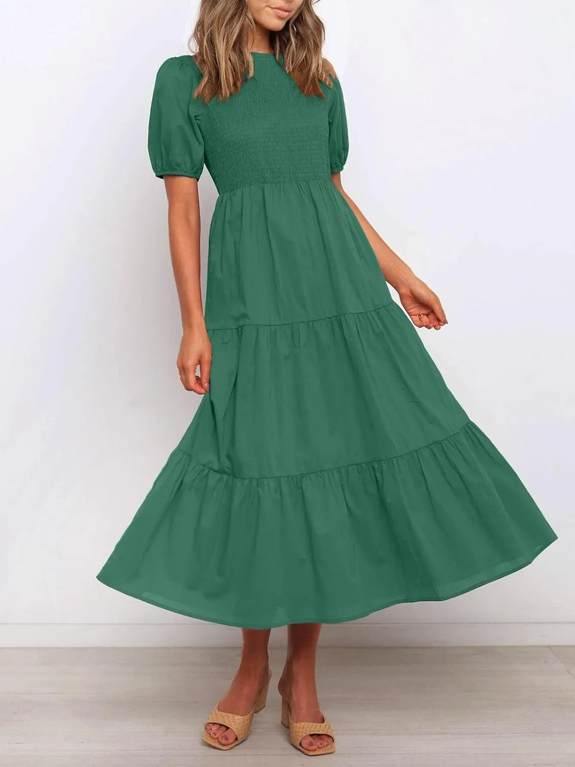 ZESICA Women's Casual Summer Crew Neck Short Puff Sleeve Smocked High Waist Ruffle Tiered A Line Midi Dress