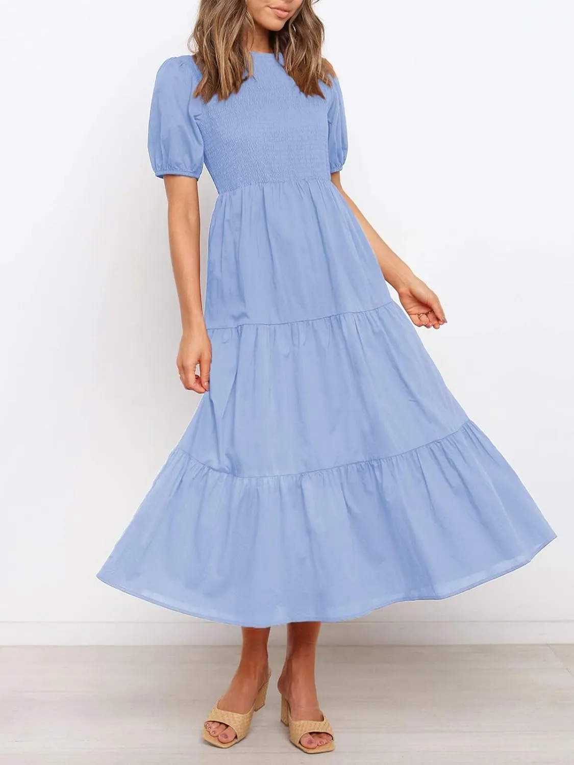 ZESICA Women's Casual Summer Crew Neck Short Puff Sleeve Smocked High Waist Ruffle Tiered A Line Midi Dress