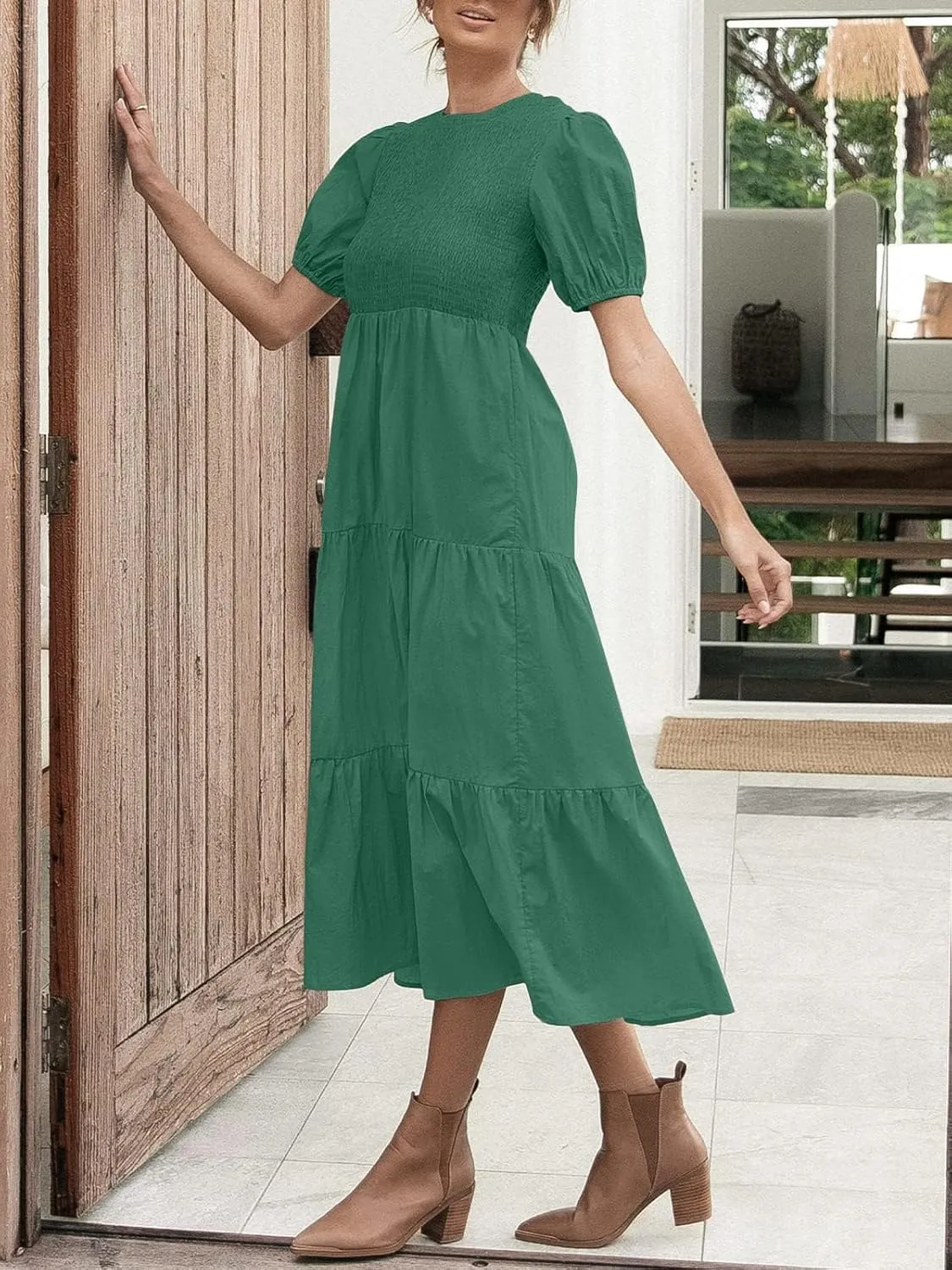 ZESICA Women's Casual Summer Crew Neck Short Puff Sleeve Smocked High Waist Ruffle Tiered A Line Midi Dress
