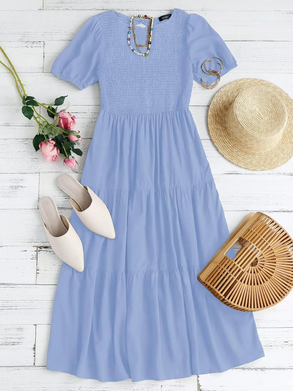 ZESICA Women's Casual Summer Crew Neck Short Puff Sleeve Smocked High Waist Ruffle Tiered A Line Midi Dress