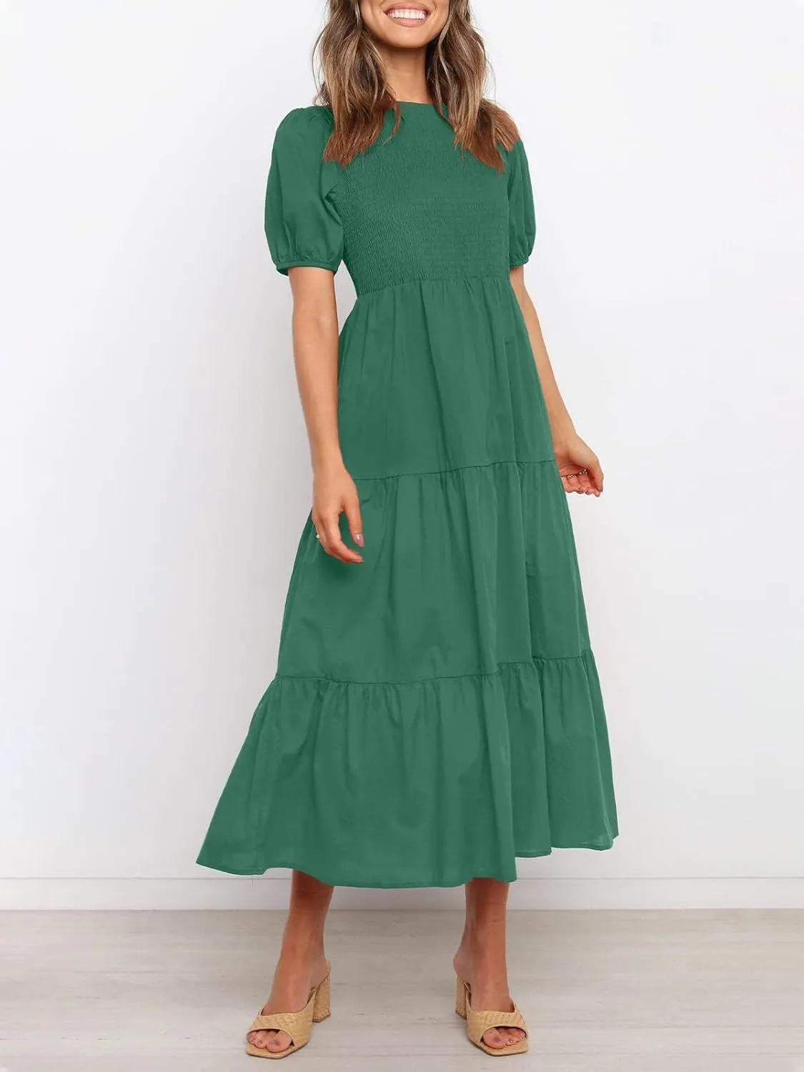 ZESICA Women's Casual Summer Crew Neck Short Puff Sleeve Smocked High Waist Ruffle Tiered A Line Midi Dress
