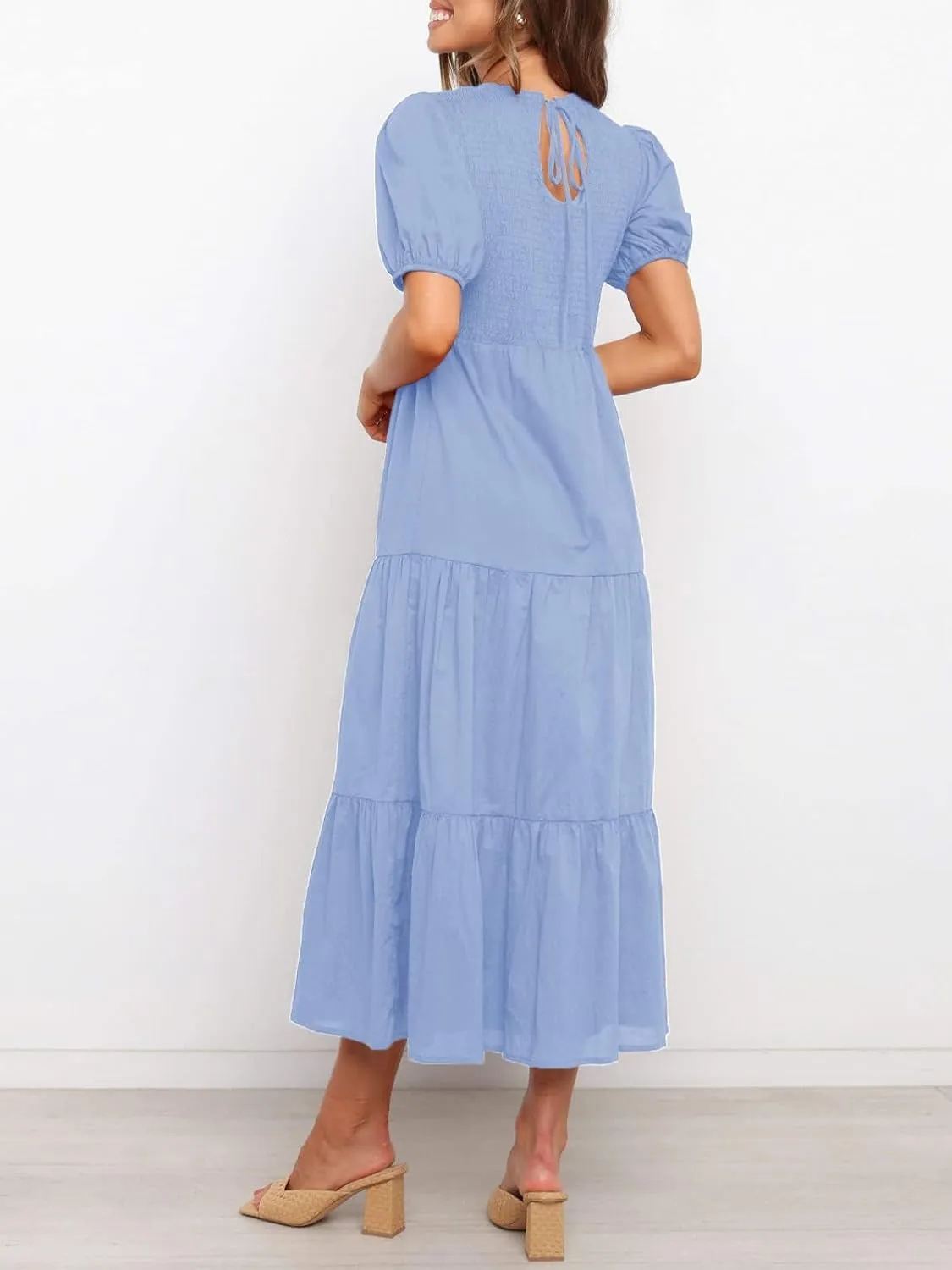 ZESICA Women's Casual Summer Crew Neck Short Puff Sleeve Smocked High Waist Ruffle Tiered A Line Midi Dress