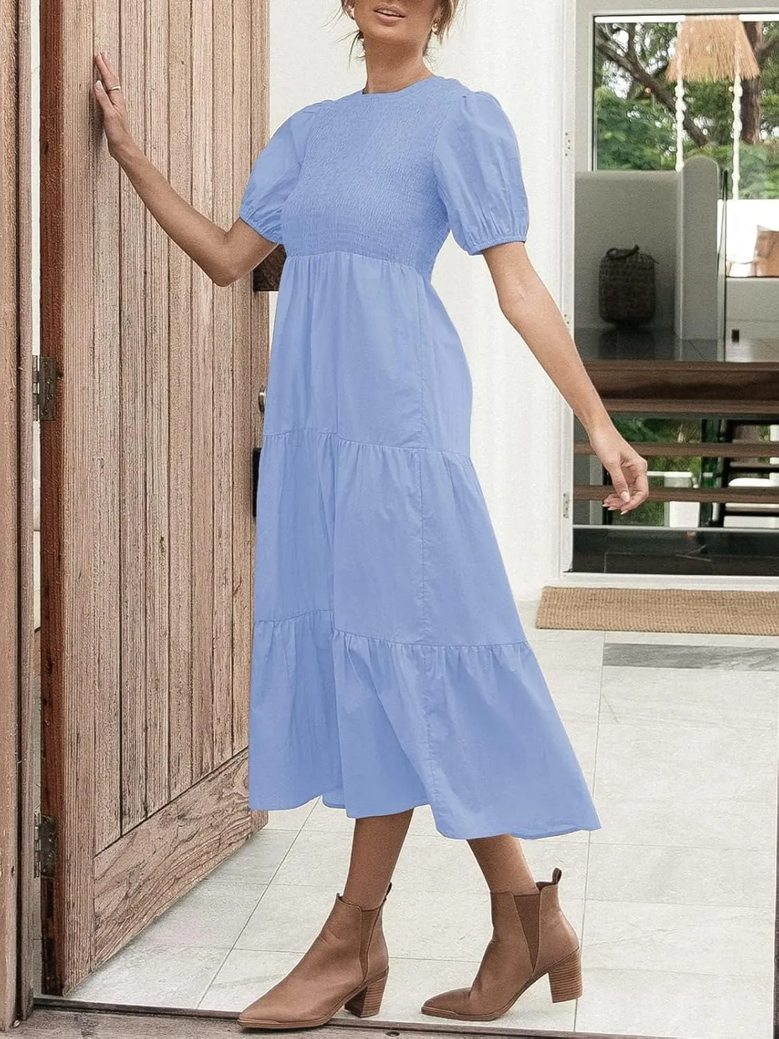 ZESICA Women's Casual Summer Crew Neck Short Puff Sleeve Smocked High Waist Ruffle Tiered A Line Midi Dress