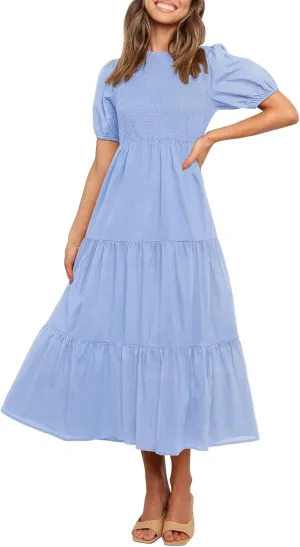 ZESICA Women's Casual Summer Crew Neck Short Puff Sleeve Smocked High Waist Ruffle Tiered A Line Midi Dress