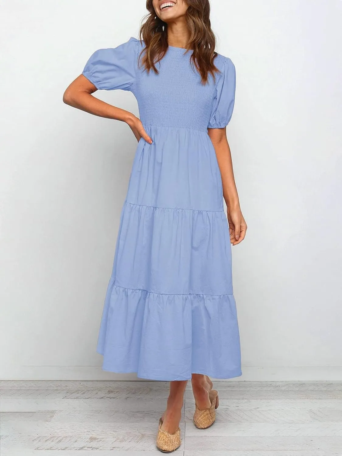 ZESICA Women's Casual Summer Crew Neck Short Puff Sleeve Smocked High Waist Ruffle Tiered A Line Midi Dress