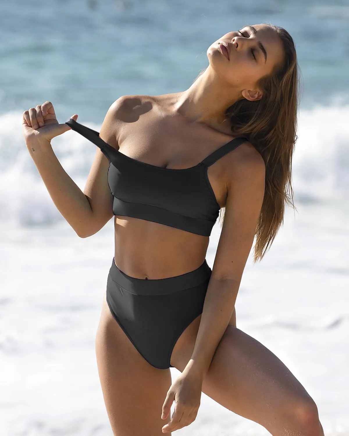 ZINPRETTY Women High Waisted Bikini Sets Color Block Swimsuits 2 Piece Bathing Suits Tummy Control Sporty Teens