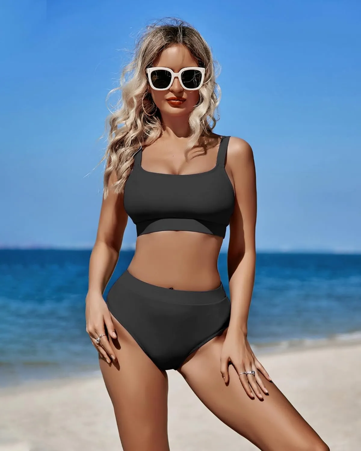 ZINPRETTY Women High Waisted Bikini Sets Color Block Swimsuits 2 Piece Bathing Suits Tummy Control Sporty Teens